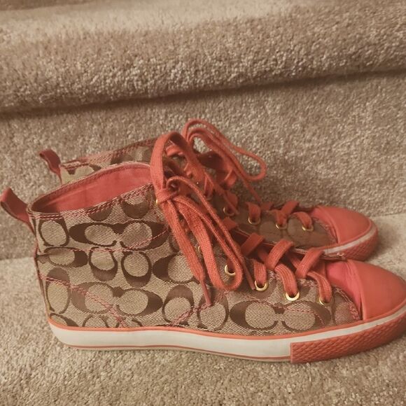 Coach "Franca" Brown Jacquard Signature w/ Pink Accents Hi Top Sneakers Size 9 - Picture 1 of 14